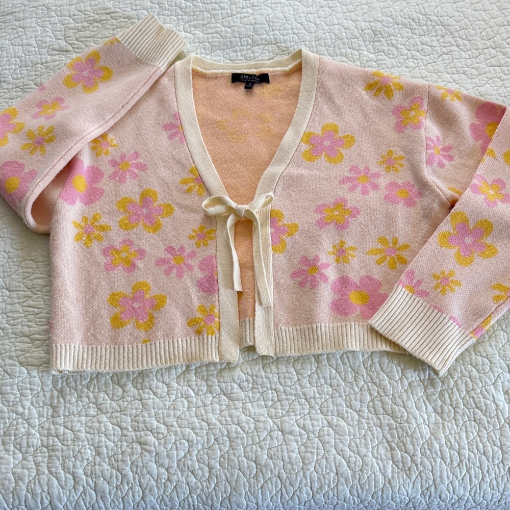 WITTY FOX Pink and Yellow Floral cropped Cardigan GUC XL